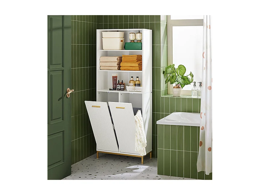 SoBuy Armoire de Salle de Bain Haute avec Sac à Linge, 2 Portes, 2 Paniers Amovibles, 3 Compartiments Ouverts, 65x32x170 cm, Blanc BZR182-W