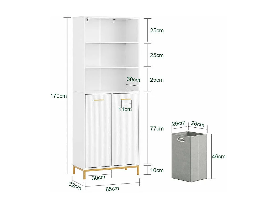 SoBuy Armoire de Salle de Bain Haute avec Sac à Linge, 2 Portes, 2 Paniers Amovibles, 3 Compartiments Ouverts, 65x32x170 cm, Blanc BZR182-W