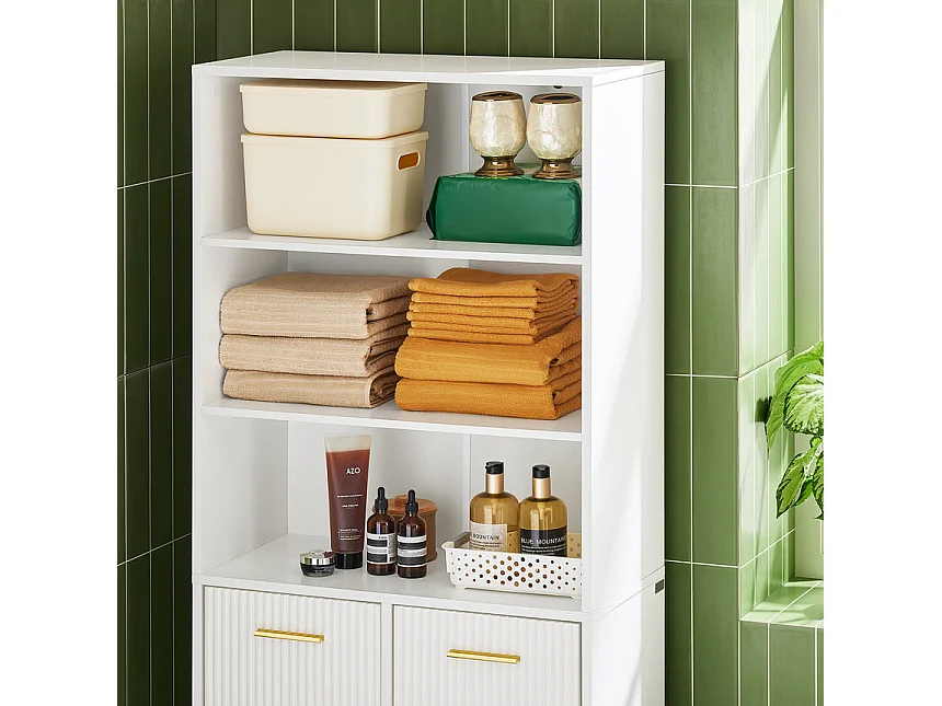 SoBuy Armoire de Salle de Bain Haute avec Sac à Linge, 2 Portes, 2 Paniers Amovibles, 3 Compartiments Ouverts, 65x32x170 cm, Blanc BZR182-W