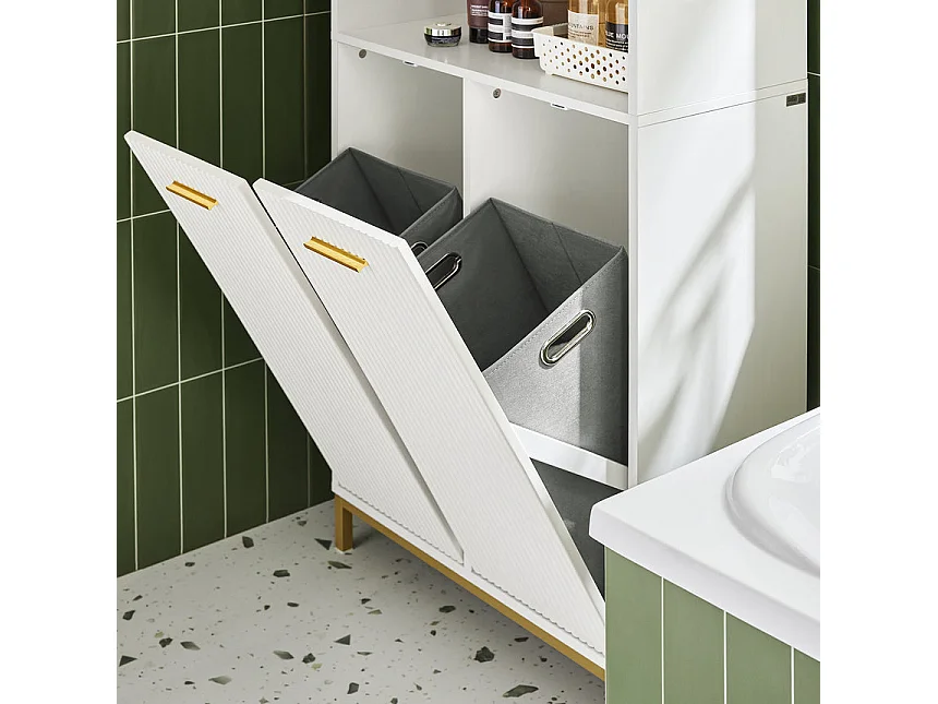 SoBuy Armoire de Salle de Bain Haute avec Sac à Linge, 2 Portes, 2 Paniers Amovibles, 3 Compartiments Ouverts, 65x32x170 cm, Blanc BZR182-W