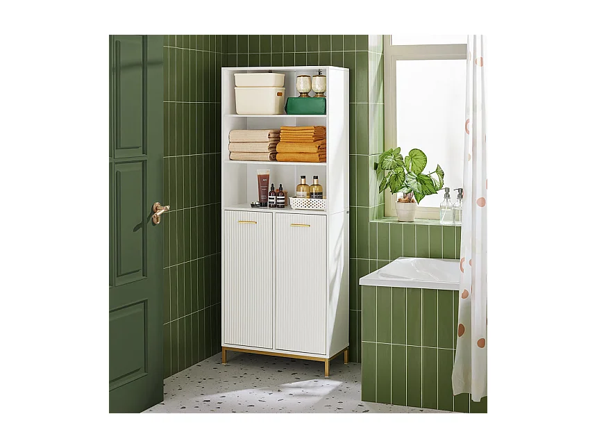 SoBuy Armoire de Salle de Bain Haute avec Sac à Linge, 2 Portes, 2 Paniers Amovibles, 3 Compartiments Ouverts, 65x32x170 cm, Blanc BZR182-W