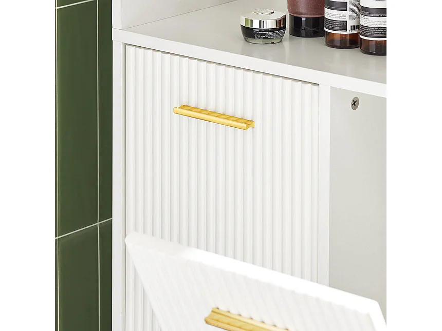 SoBuy Armoire de Salle de Bain Haute avec Sac à Linge, 2 Portes, 2 Paniers Amovibles, 3 Compartiments Ouverts, 65x32x170 cm, Blanc BZR182-W