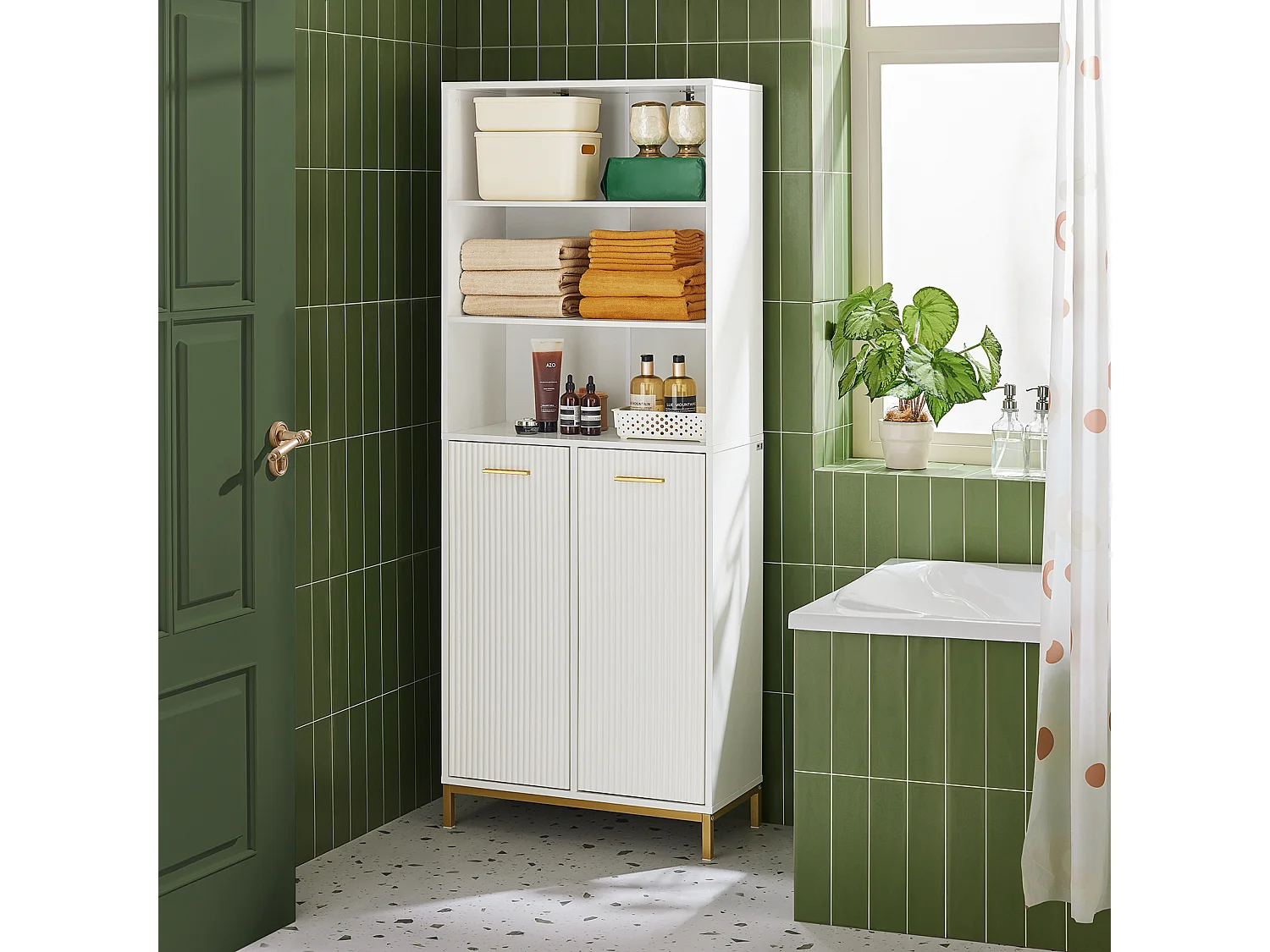 SoBuy Armoire de Salle de Bain Haute avec Sac à Linge, 2 Portes, 2 Paniers Amovibles, 3 Compartiments Ouverts, 65x32x170 cm, Blanc BZR182-W