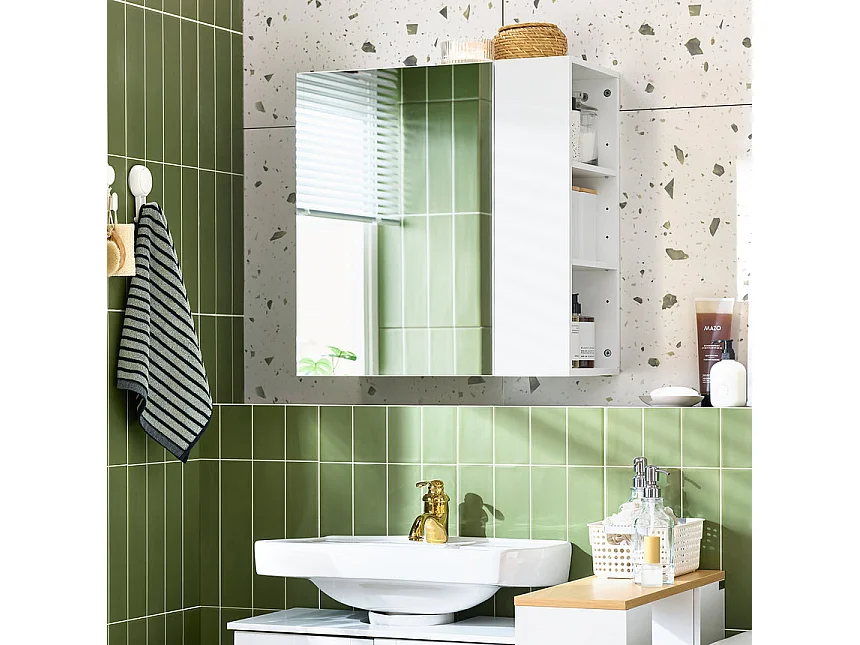 SoBuy BZR184-W - Badezimmer Wandschrank mit Spiegel und verstellbaren Regalen L57.0cm x B30.0cm x H6...