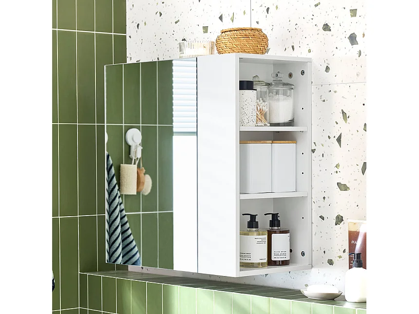 SoBuy BZR184-W - Meuble de salle de bain avec miroir et étagères réglables L57.0cm x L30.0cm x H6...