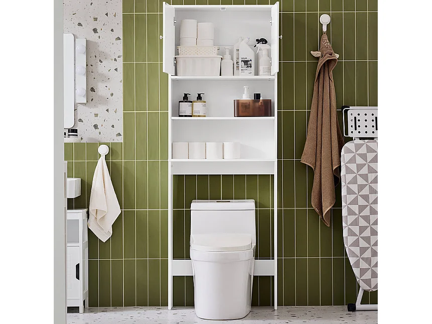 SoBuy BZR165-W Meuble WC Meuble WC au-Dessus de Toilettes avec Dispositif Anti-Basculement, 2 Portes et 2 Étagères Ouvertes