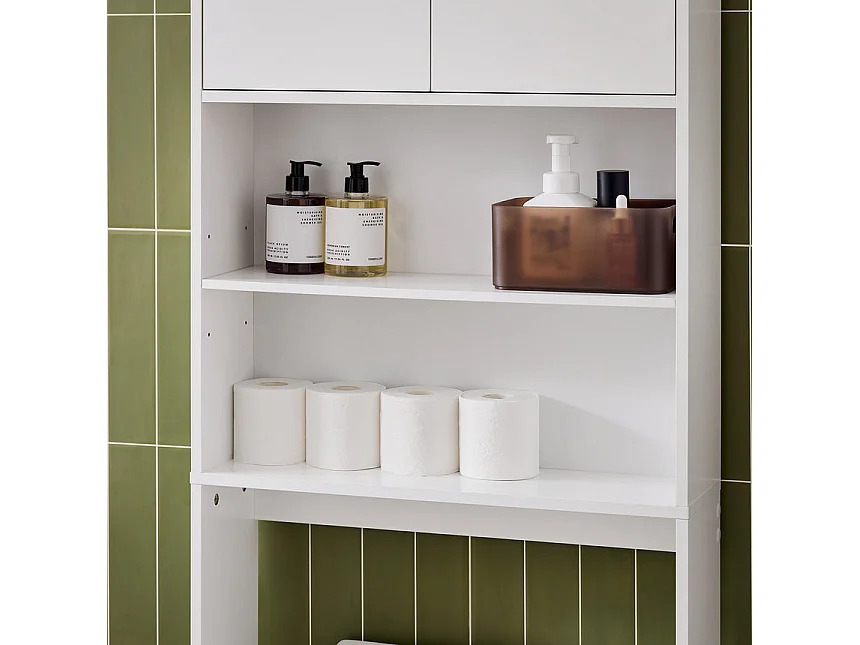 SoBuy BZR165-W Meuble WC Meuble WC au-Dessus de Toilettes avec Dispositif Anti-Basculement, 2 Portes et 2 Étagères Ouvertes