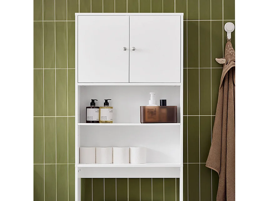 SoBuy BZR165-W Meuble WC Meuble WC au-Dessus de Toilettes avec Dispositif Anti-Basculement, 2 Portes et 2 Étagères Ouvertes