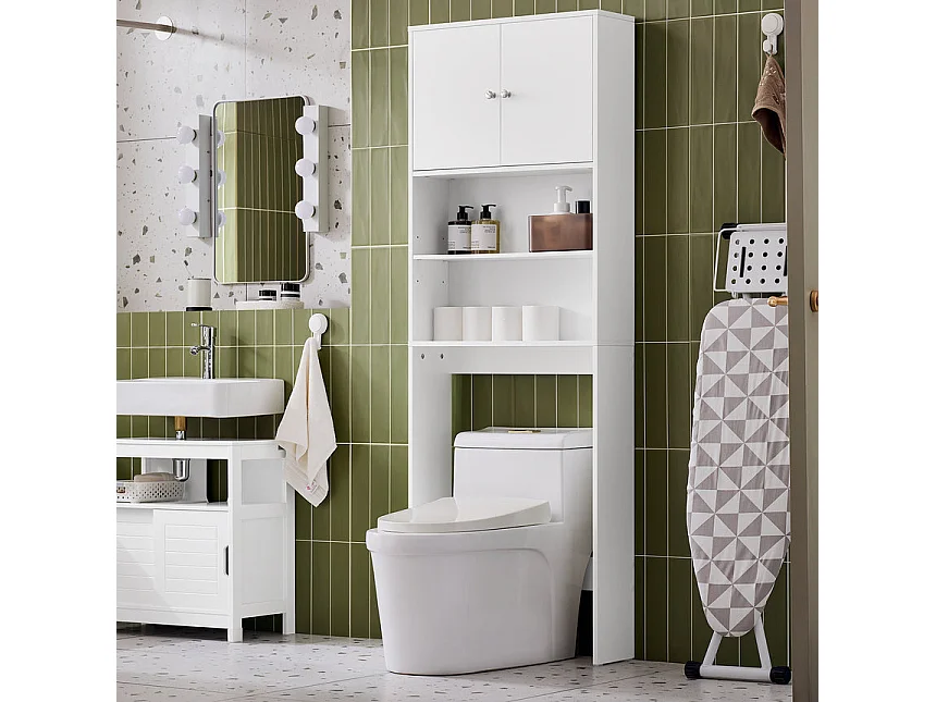 SoBuy BZR165-W Meuble WC Meuble WC au-Dessus de Toilettes avec Dispositif Anti-Basculement, 2 Portes et 2 Étagères Ouvertes