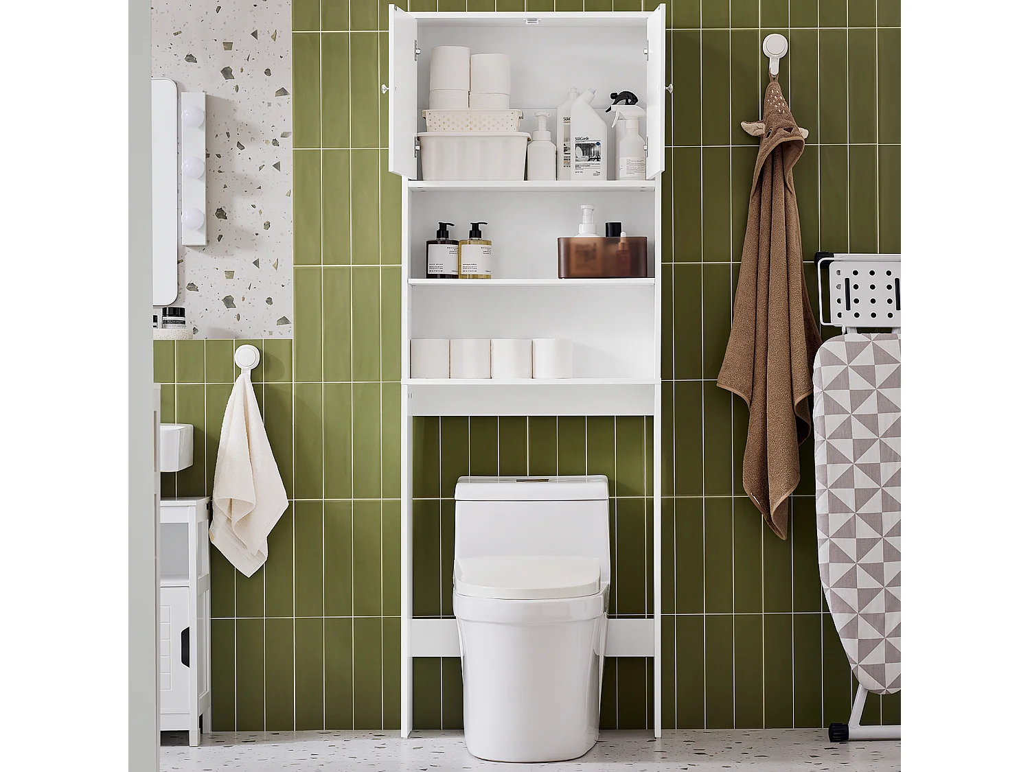 SoBuy BZR165-W Meuble WC Meuble WC au-Dessus de Toilettes avec Dispositif Anti-Basculement, 2 Portes et 2 Étagères Ouvertes