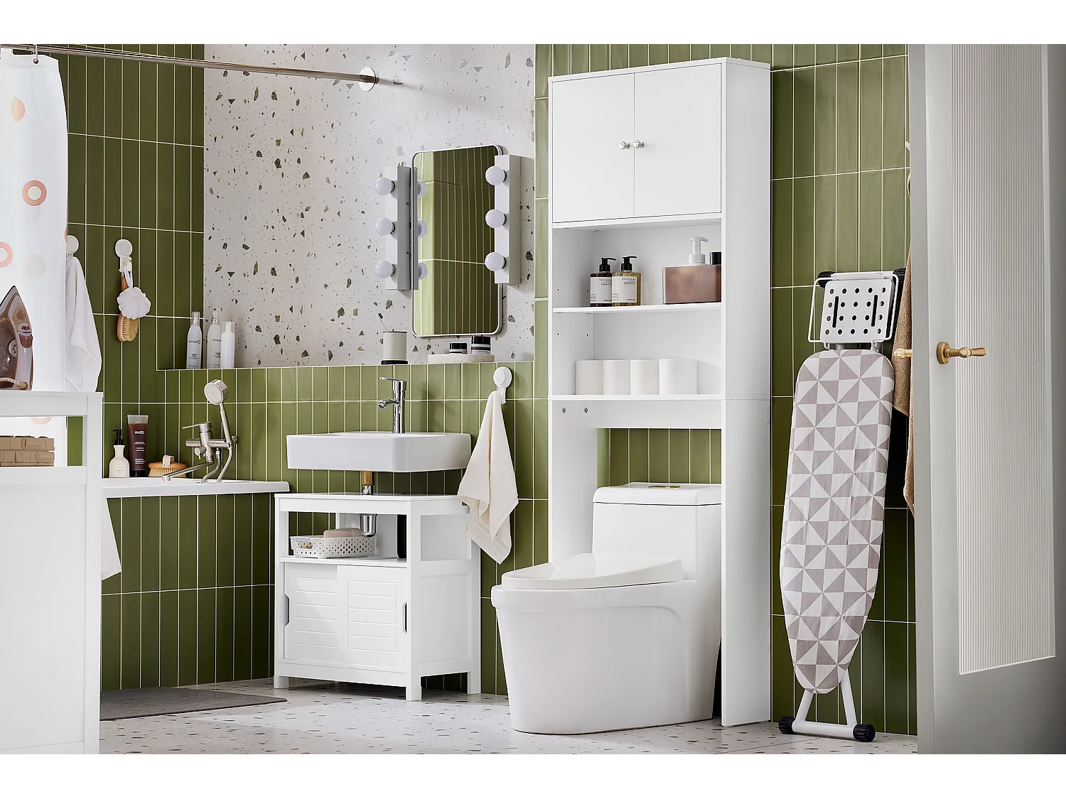 SoBuy BZR165-W Meuble WC Meuble WC au-Dessus de Toilettes avec Dispositif Anti-Basculement, 2 Portes et 2 Étagères Ouvertes