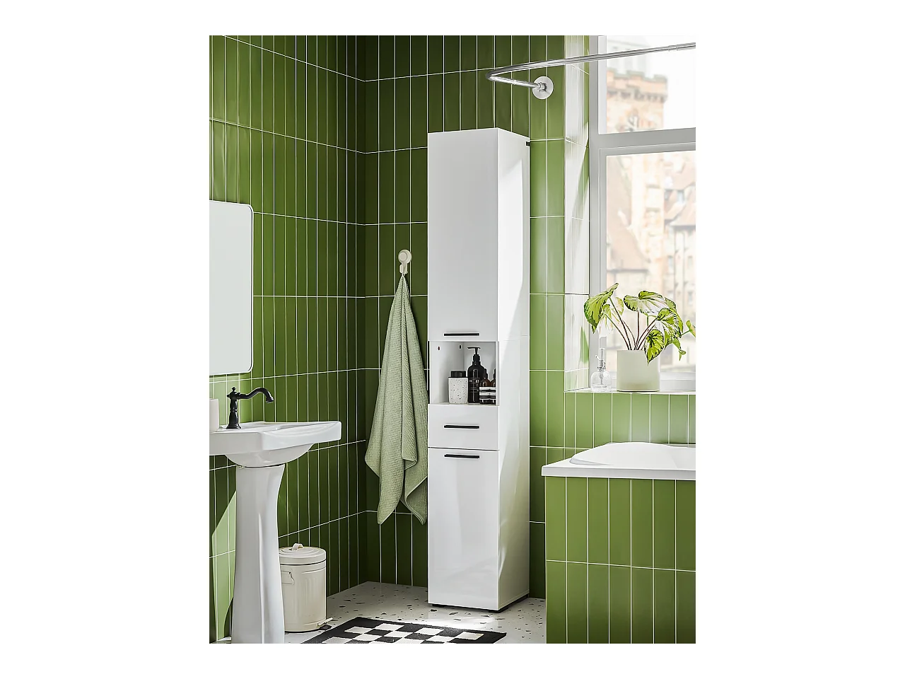 SoBuy Meuble Colonne Salle de Bain, Armoire Étroite 1 Compartiment Ouvert, 1 Tiroir, 2 Portes, 2 Étagères Réglables, 30x31x182 cm, Blanc BZR166-W