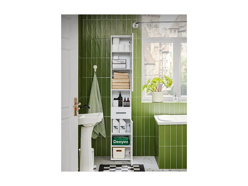 SoBuy Meuble Colonne Salle de Bain, Armoire Étroite 1 Compartiment Ouvert, 1 Tiroir, 2 Portes, 2 Étagères Réglables, 30x31x182 cm, Blanc BZR166-W