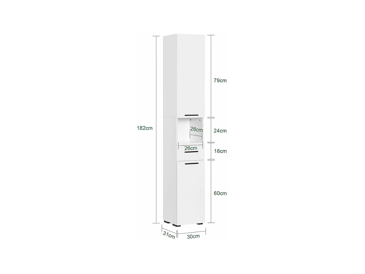 SoBuy Meuble Colonne Salle de Bain, Armoire Étroite 1 Compartiment Ouvert, 1 Tiroir, 2 Portes, 2 Étagères Réglables, 30x31x182 cm, Blanc BZR166-W