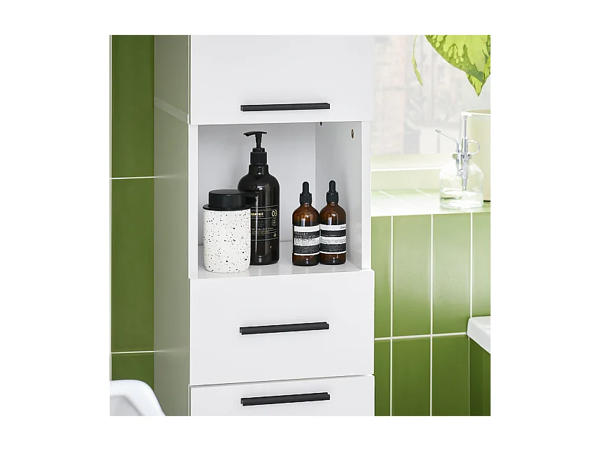 SoBuy Meuble Colonne Salle de Bain, Armoire Étroite 1 Compartiment Ouvert, 1 Tiroir, 2 Portes, 2 Étagères Réglables, 30x31x182 cm, Blanc BZR166-W