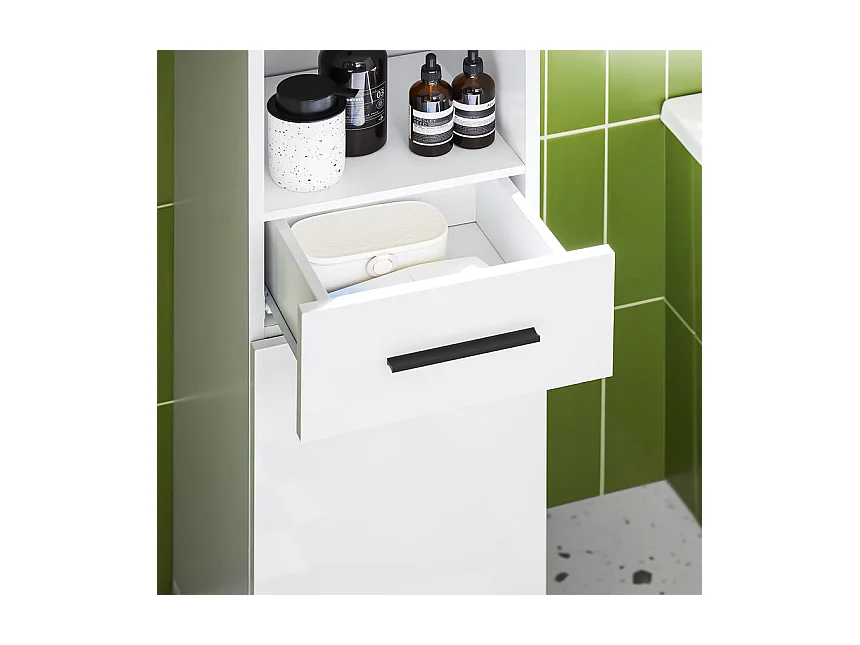 SoBuy Meuble Colonne Salle de Bain, Armoire Étroite 1 Compartiment Ouvert, 1 Tiroir, 2 Portes, 2 Étagères Réglables, 30x31x182 cm, Blanc BZR166-W