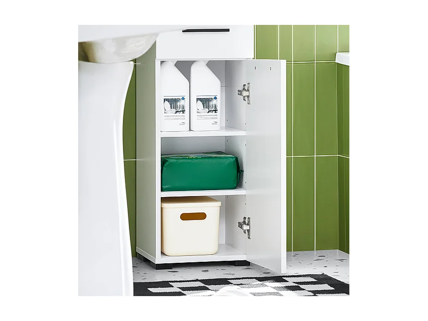 SoBuy Meuble Colonne Salle de Bain, Armoire Étroite 1 Compartiment Ouvert, 1 Tiroir, 2 Portes, 2 Étagères Réglables, 30x31x182 cm, Blanc BZR166-W