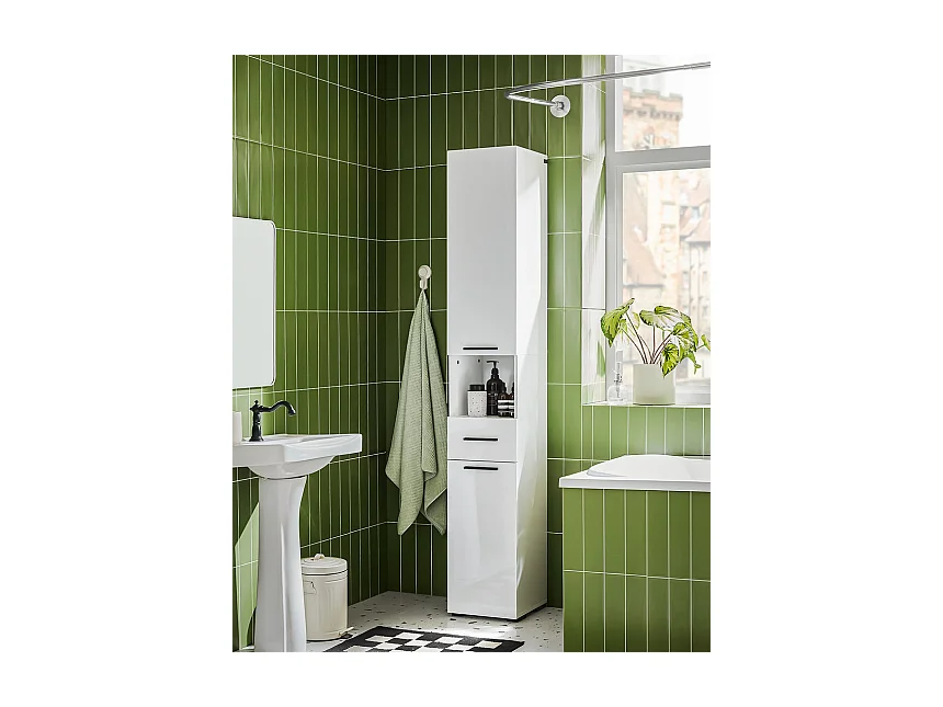 SoBuy Meuble Colonne Salle de Bain, Armoire Étroite 1 Compartiment Ouvert, 1 Tiroir, 2 Portes, 2 Étagères Réglables, 30x31x182 cm, Blanc BZR166-W