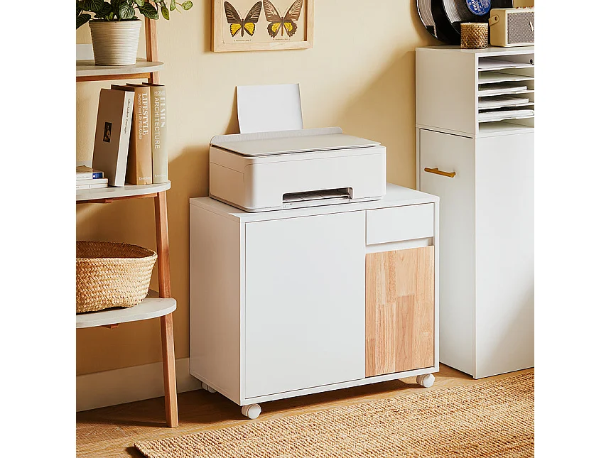 SoBuy Caisson de Bureau à roulettes, Support Imprimante Roulant, Meuble de Rangement avec Tiroirs, Blanc, 65x58x35cm ASK04-WN