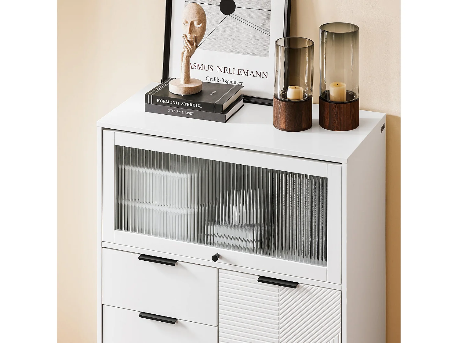 SoBuy Meuble Entrée Commode Armoire Rangement Buffet Multifonctionnel 3 Tiroirs 2 Portes L86xP40xH108 cm FSB94-W