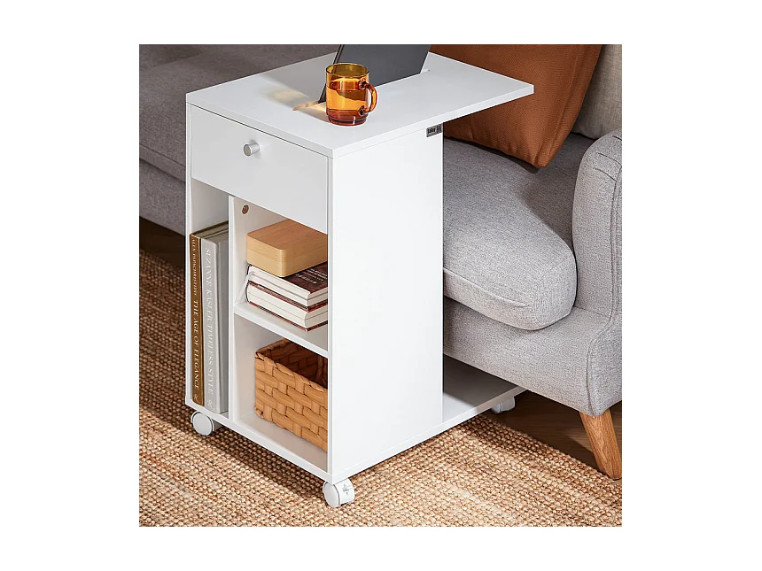 SoBuy FBT148-W Bout de Canapé sur Roulettes Table de Chevet Table de Nuit Table d'Appoint avec 1 Tiroir et 3 Compartiments Ouverts, en Forme de C, L50 x P36 x H62 c
