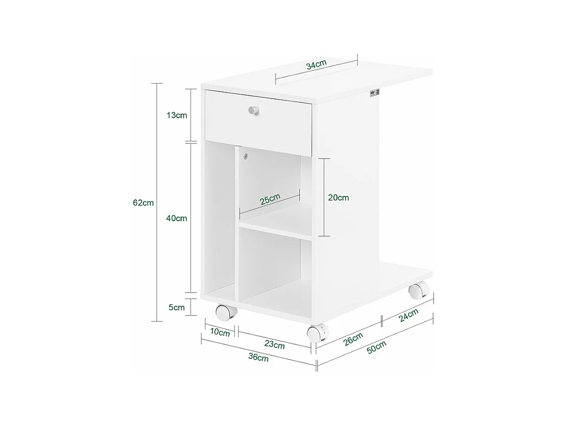 SoBuy FBT148-W Bout de Canapé sur Roulettes Table de Chevet Table de Nuit Table d'Appoint avec 1 Tiroir et 3 Compartiments Ouverts, en Forme de C, L50 x P36 x H62 c