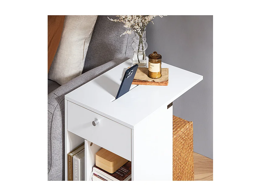 SoBuy FBT148-W Bout de Canapé sur Roulettes Table de Chevet Table de Nuit Table d'Appoint avec 1 Tiroir et 3 Compartiments Ouverts, en Forme de C, L50 x P36 x H62 c