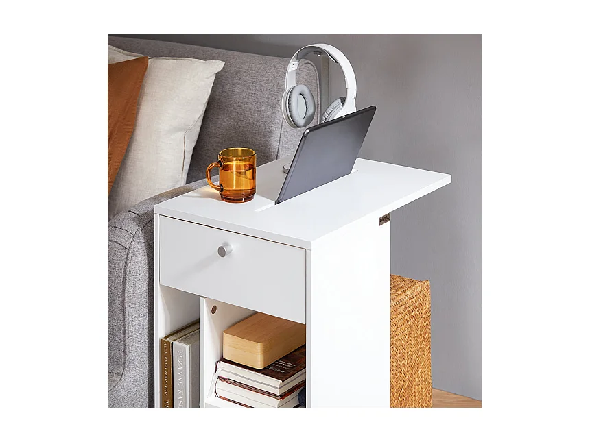 SoBuy FBT148-W Bout de Canapé sur Roulettes Table de Chevet Table de Nuit Table d'Appoint avec 1 Tiroir et 3 Compartiments Ouverts, en Forme de C, L50 x P36 x H62 c