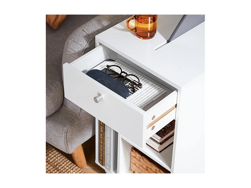 SoBuy FBT148-W Bout de Canapé sur Roulettes Table de Chevet Table de Nuit Table d'Appoint avec 1 Tiroir et 3 Compartiments Ouverts, en Forme de C, L50 x P36 x H62 c