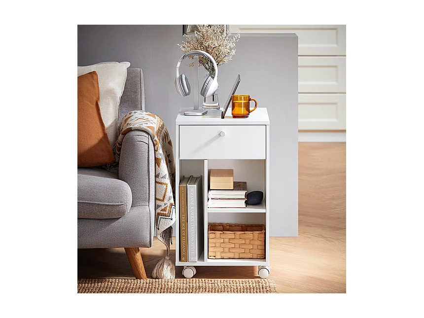 SoBuy FBT148-W Bout de Canapé sur Roulettes Table de Chevet Table de Nuit Table d'Appoint avec 1 Tiroir et 3 Compartiments Ouverts, en Forme de C, L50 x P36 x H62 c