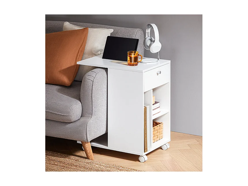 SoBuy FBT148-W Bout de Canapé sur Roulettes Table de Chevet Table de Nuit Table d'Appoint avec 1 Tiroir et 3 Compartiments Ouverts, en Forme de C, L50 x P36 x H62 c