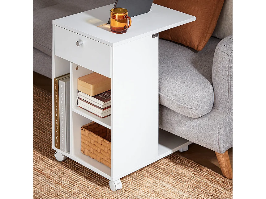 SoBuy FBT148-W Bout de Canapé sur Roulettes Table de Chevet Table de Nuit Table d'Appoint avec 1 Tiroir et 3 Compartiments Ouverts, en Forme de C, L50 x P36 x H62 c