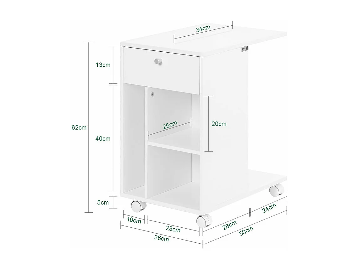 SoBuy FBT148-W Bout de Canapé sur Roulettes Table de Chevet Table de Nuit Table d'Appoint avec 1 Tiroir et 3 Compartiments Ouverts, en Forme de C, L50 x P36 x H62 c