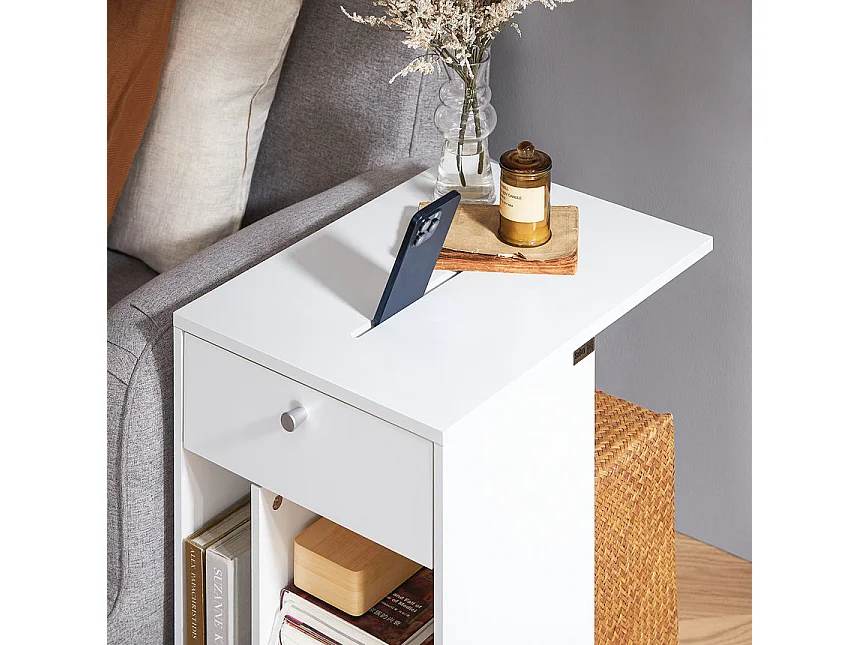 SoBuy FBT148-W Bout de Canapé sur Roulettes Table de Chevet Table de Nuit Table d'Appoint avec 1 Tiroir et 3 Compartiments Ouverts, en Forme de C, L50 x P36 x H62 c