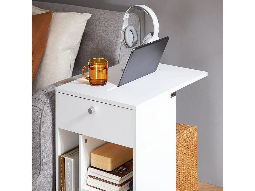 SoBuy FBT148-W Bout de Canapé sur Roulettes Table de Chevet Table de Nuit Table d'Appoint avec 1 Tiroir et 3 Compartiments Ouverts, en Forme de C, L50 x P36 x H62 c