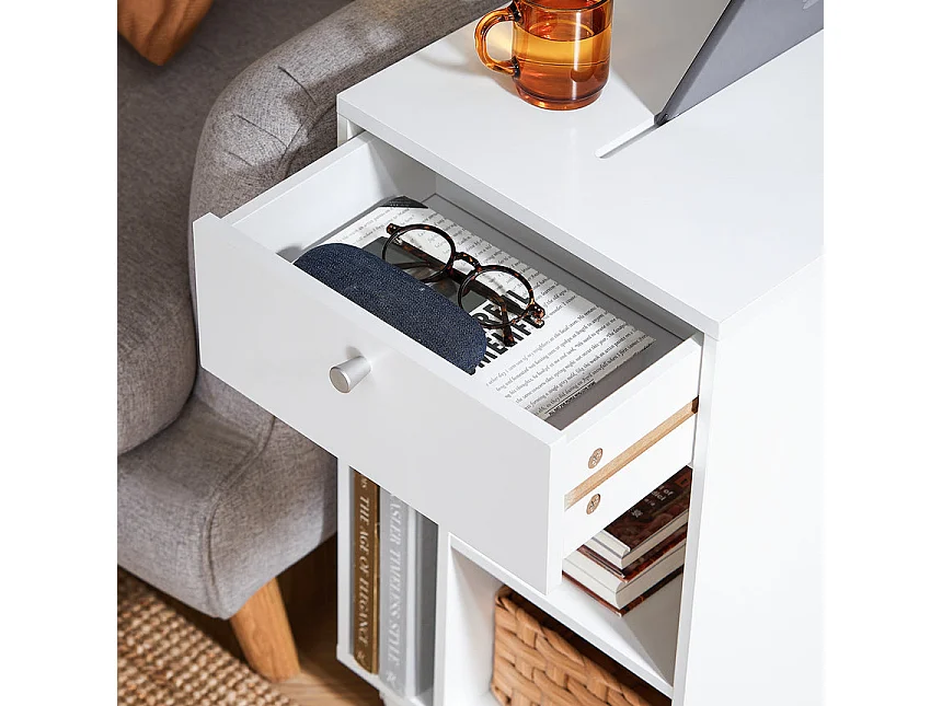 SoBuy FBT148-W Bout de Canapé sur Roulettes Table de Chevet Table de Nuit Table d'Appoint avec 1 Tiroir et 3 Compartiments Ouverts, en Forme de C, L50 x P36 x H62 c