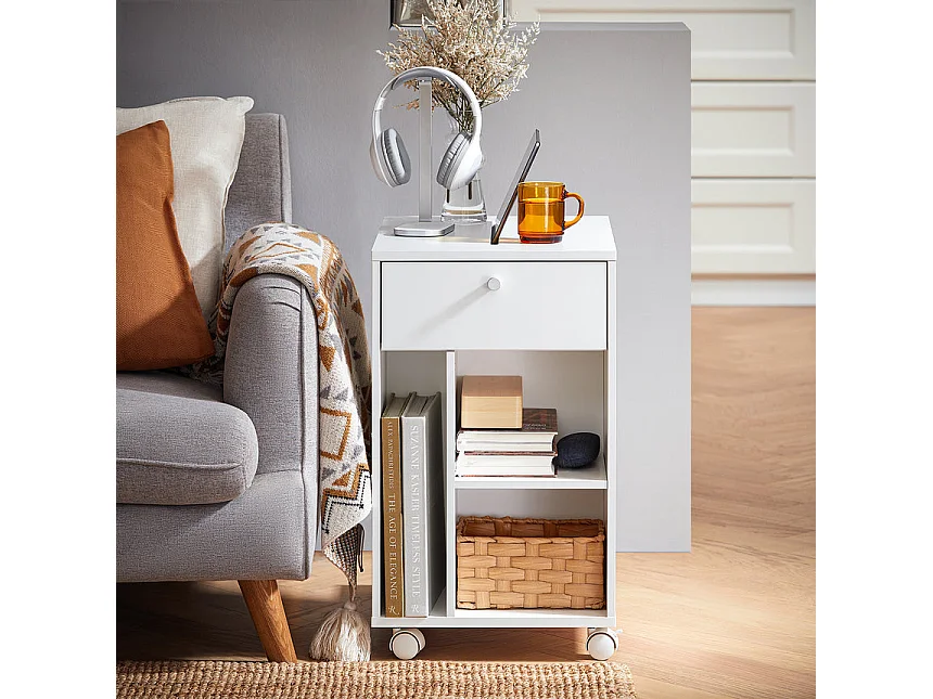 SoBuy FBT148-W Bout de Canapé sur Roulettes Table de Chevet Table de Nuit Table d'Appoint avec 1 Tiroir et 3 Compartiments Ouverts, en Forme de C, L50 x P36 x H62 c