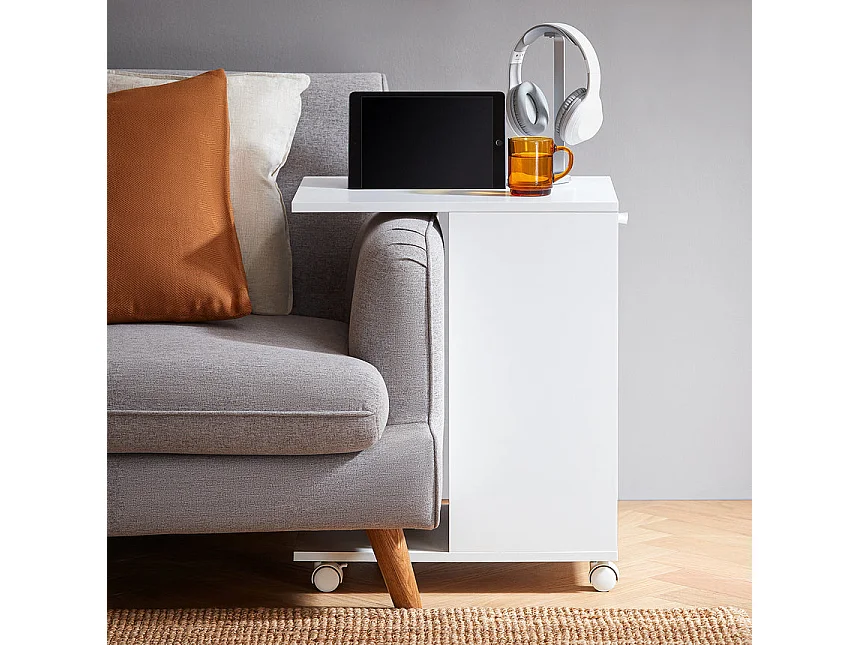 SoBuy FBT148-W Bout de Canapé sur Roulettes Table de Chevet Table de Nuit Table d'Appoint avec 1 Tiroir et 3 Compartiments Ouverts, en Forme de C, L50 x P36 x H62 c