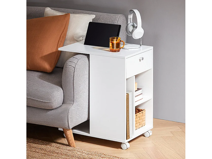 SoBuy FBT148-W Bout de Canapé sur Roulettes Table de Chevet Table de Nuit Table d'Appoint avec 1 Tiroir et 3 Compartiments Ouverts, en Forme de C, L50 x P36 x H62 c