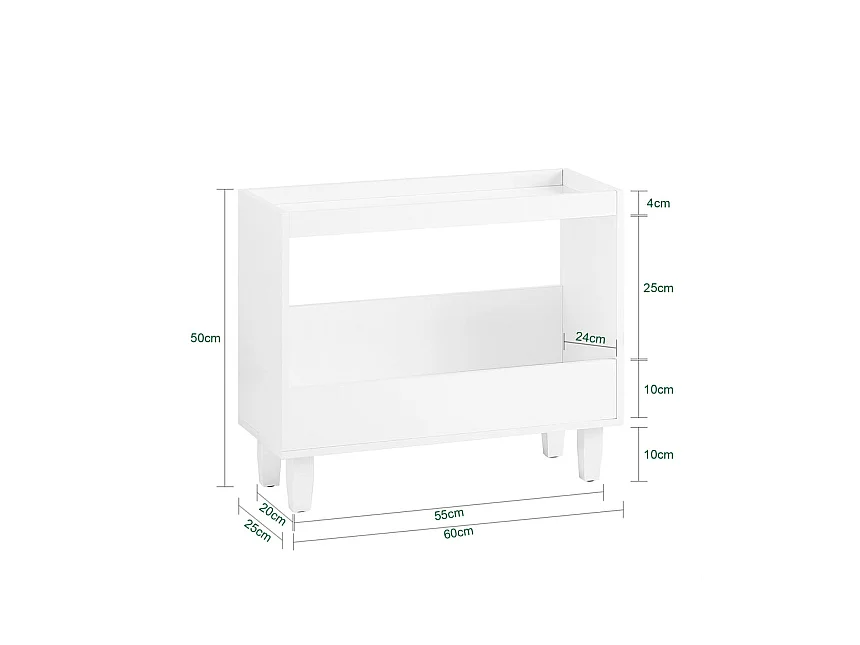 SoBuy FBT147-W Bout de Canapé Table de Chevet Table de Nuit Table d'Appoint avec 2 Étagères pour Salon, Chambre ou Bureau, L60 x P25 x H50 cm, Blanc