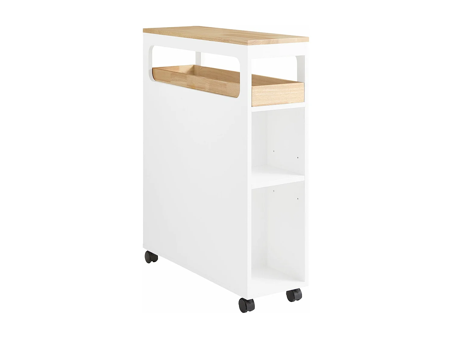 SoBuy Meuble de Rangement Salle de Bain Étroit sur Roulettes, Support Papier Toilette, 1 Plateau Amovible et 3 Tiroirs, 23x65x82cm, Blanc-Nature, BZR54-II-WN