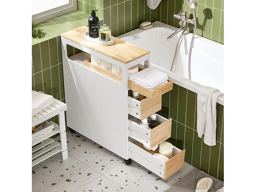 SoBuy Meuble de Rangement Salle de Bain Étroit sur Roulettes, Support Papier Toilette, 1 Plateau Amovible et 3 Tiroirs, 23x65x82cm, Blanc-Nature, BZR54-II-WN