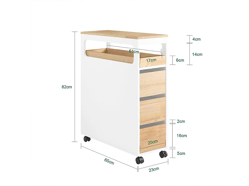 SoBuy Meuble de Rangement Salle de Bain Étroit sur Roulettes, Support Papier Toilette, 1 Plateau Amovible et 3 Tiroirs, 23x65x82cm, Blanc-Nature, BZR54-II-WN