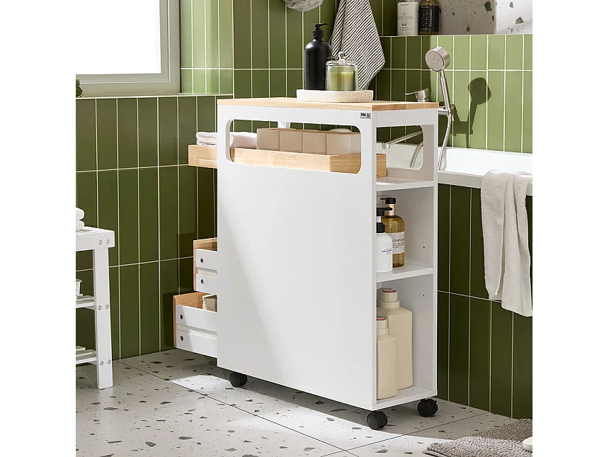 SoBuy Meuble de Rangement Salle de Bain Étroit sur Roulettes, Support Papier Toilette, 1 Plateau Amovible et 3 Tiroirs, 23x65x82cm, Blanc-Nature, BZR54-II-WN