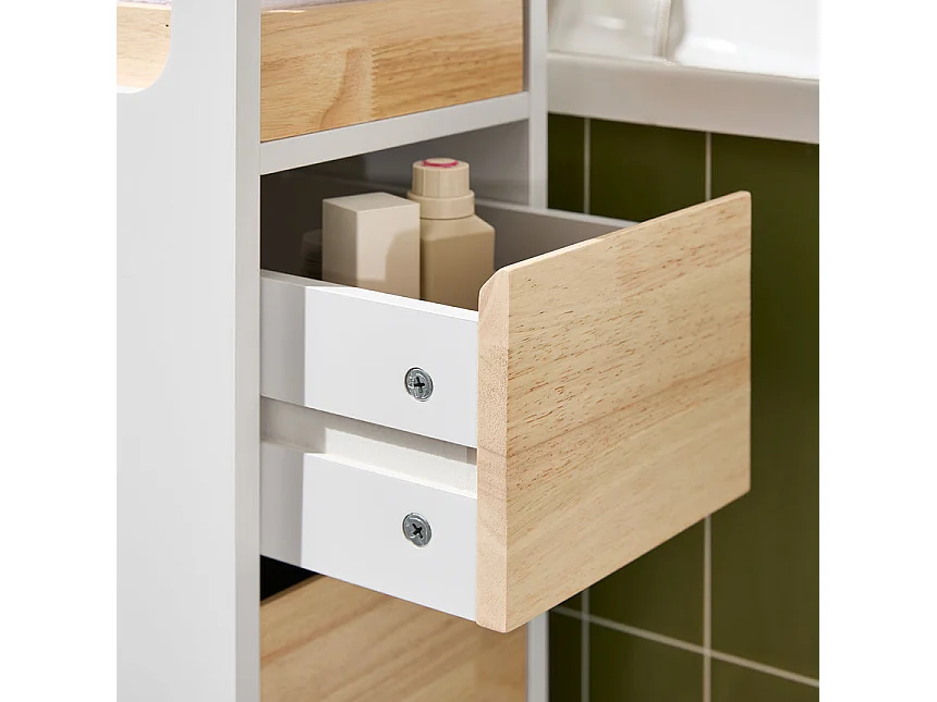 SoBuy Meuble de Rangement Salle de Bain Étroit sur Roulettes, Support Papier Toilette, 1 Plateau Amovible et 3 Tiroirs, 23x65x82cm, Blanc-Nature, BZR54-II-WN