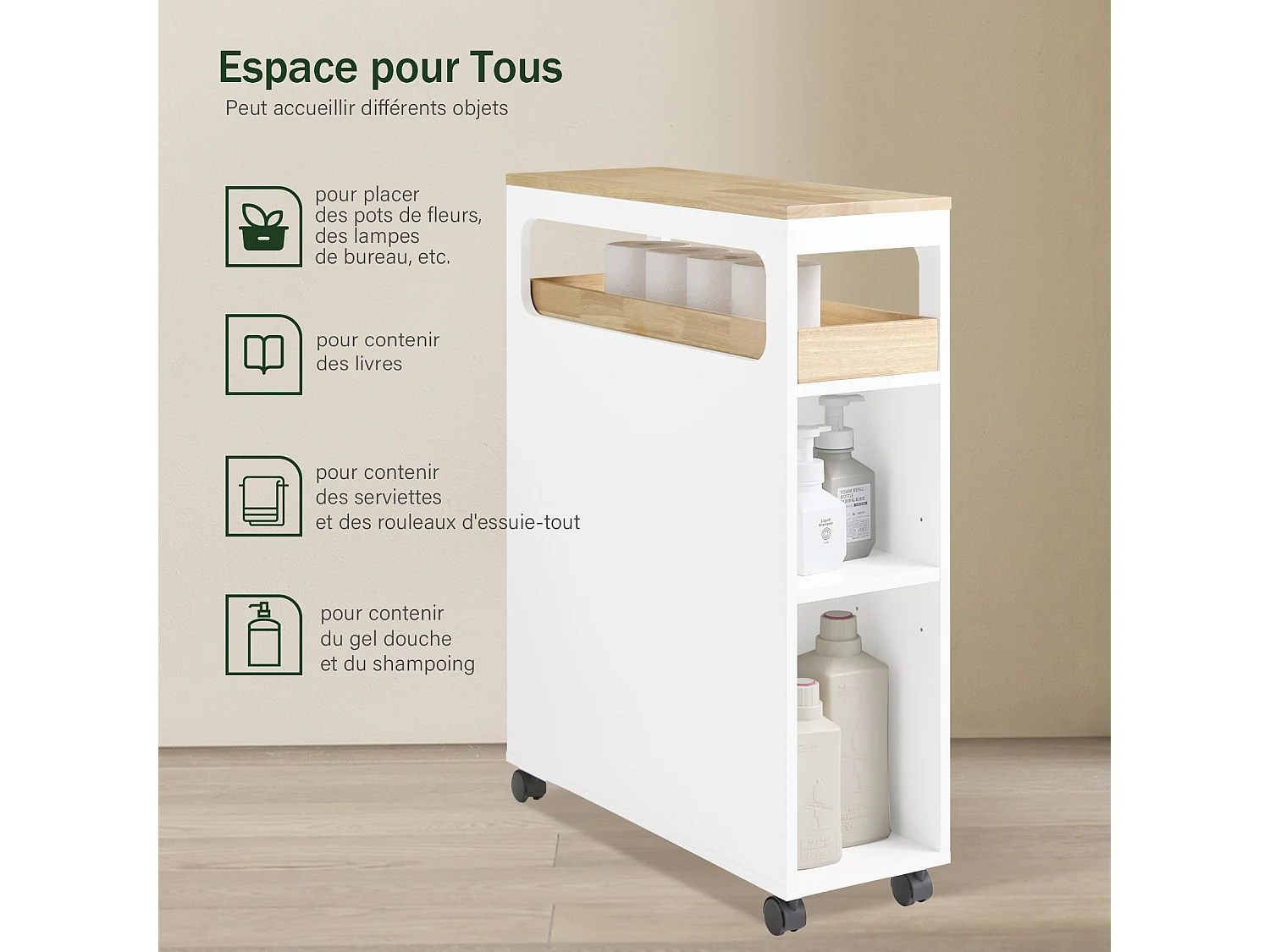 SoBuy Meuble de Rangement Salle de Bain Étroit sur Roulettes, Support Papier Toilette, 1 Plateau Amovible et 3 Tiroirs, 23x65x82cm, Blanc-Nature, BZR54-II-WN