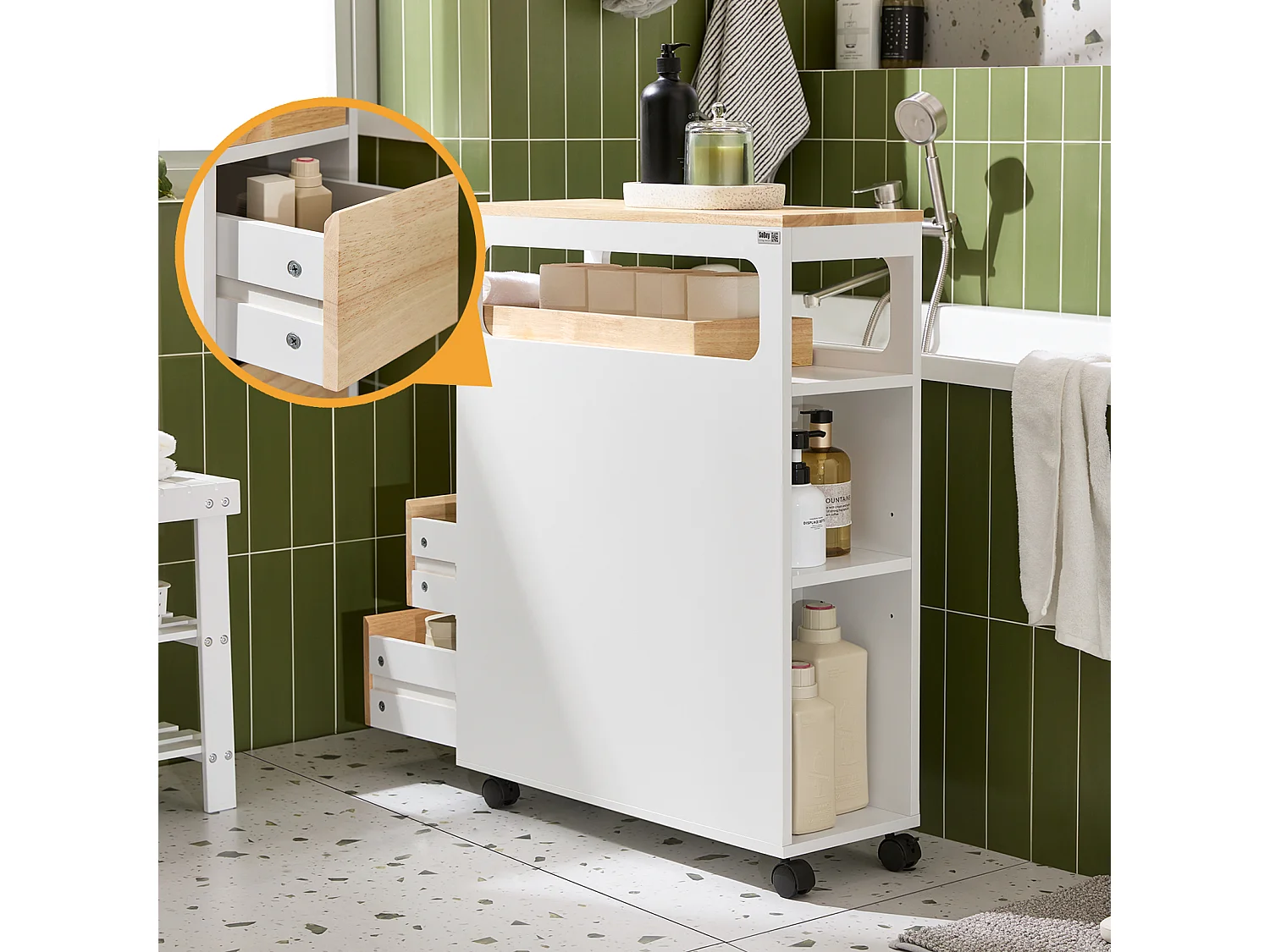 SoBuy Meuble de Rangement Salle de Bain Étroit sur Roulettes, Support Papier Toilette, 1 Plateau Amovible et 3 Tiroirs, 23x65x82cm, Blanc-Nature, BZR54-II-WN