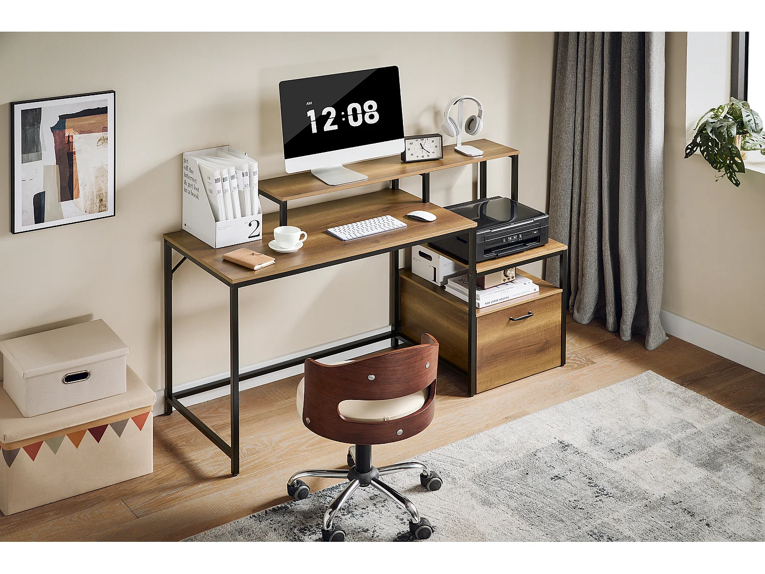 SoBuy FWT103-PF Table de Bureau avec 3 Étagères, Bureau à Domicile, Bureau Informatique, Table à Travaille, Bureau Ordinateur