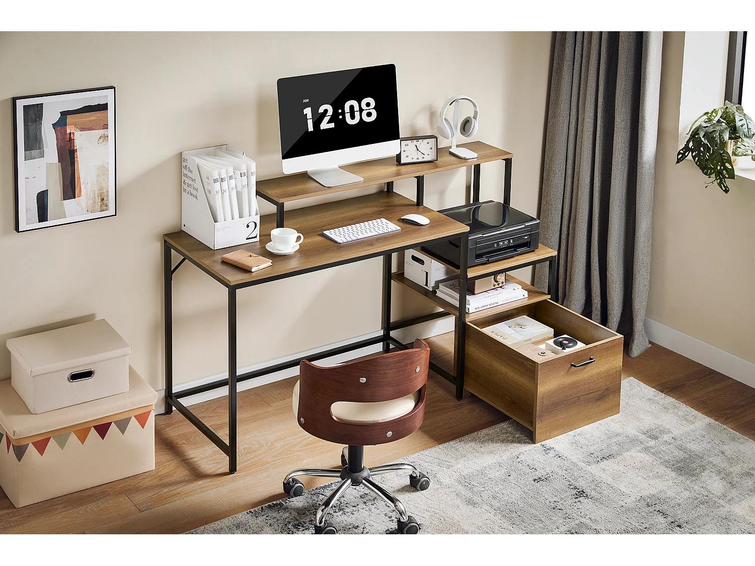 SoBuy FWT103-PF Table de Bureau avec 3 Étagères, Bureau à Domicile, Bureau Informatique, Table à Travaille, Bureau Ordinateur