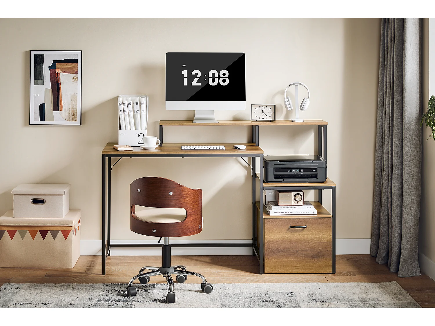 SoBuy FWT103-PF Table de Bureau avec 3 Étagères, Bureau à Domicile, Bureau Informatique, Table à Travaille, Bureau Ordinateur